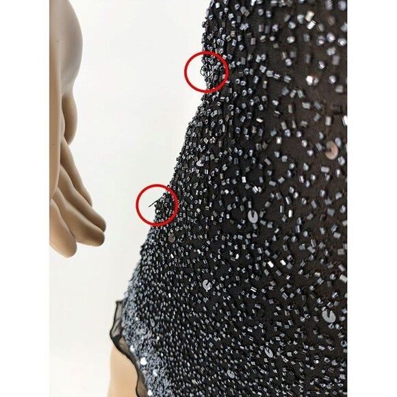 Vintage 90s Scala Silk Gown Black Beaded Sequins Off Shoulder Siren Size M - Picture 8 of 13